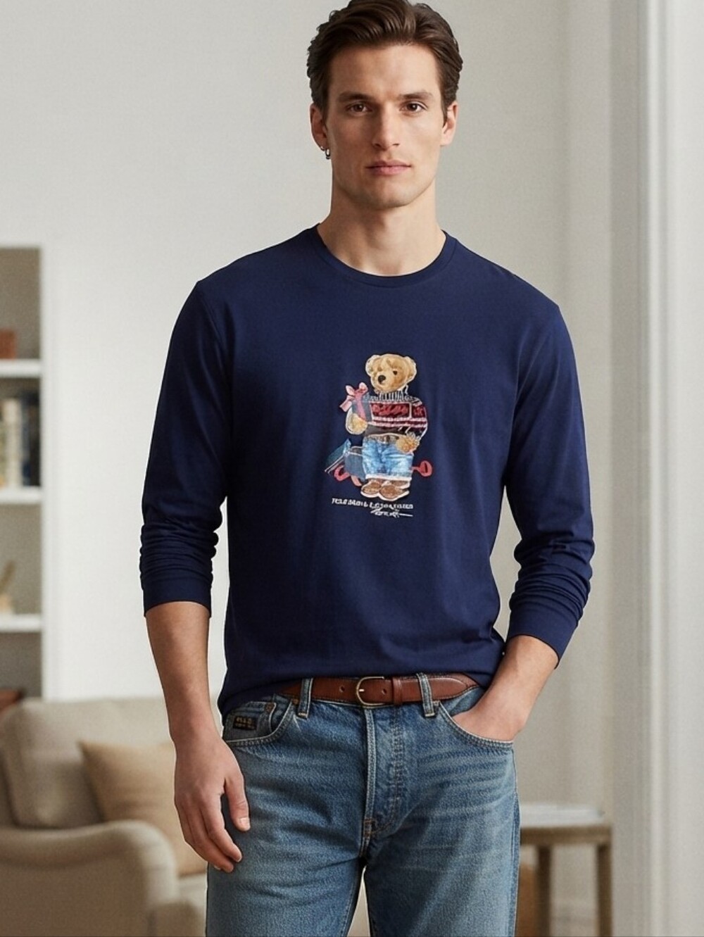 NEW Polo Ralph Lauren Christmas Bear Long Sleeve Tee Shirt Navy Blue Mens Size L